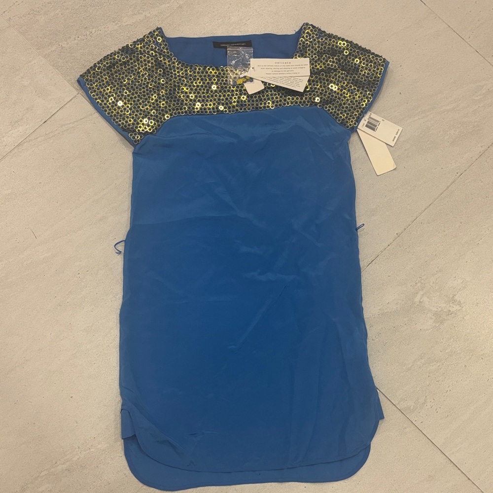 NEW French Connection silk Blue Shift Dress with Sequin Yoke- $288 size 0